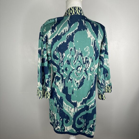 Soft surroundings Knit Cardigan Sz M PM  Teal Blue Graphic Print Comfort Artsy - Picture 4 of 6